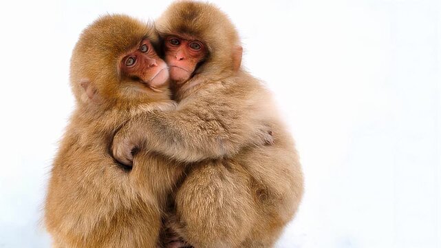 Two Japanese macaques embracing warmly in a snowy environment