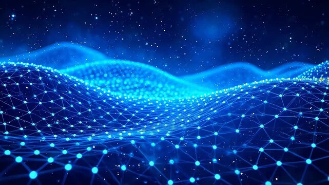 Abstract digital network of blue glowing points and lines forming waves on dark background