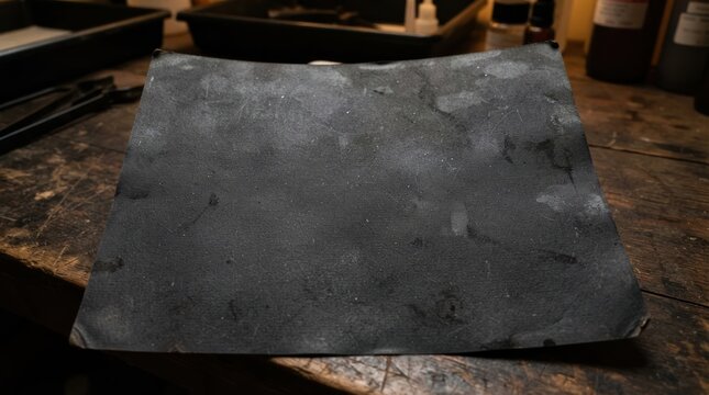 Grungy Vintage Photographic Paper Texture on Rustic Wooden Table, Darkroom Background