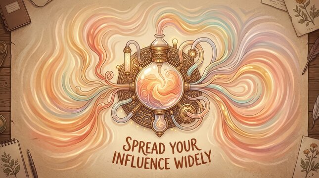 Steampunk Alchemy Flask Emitting Colorful Swirls of Energy and Inspiration on Aged Parchment with Vintage Notebooks