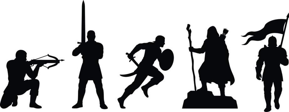 Medieval fantasy character silhouettes including crossbowman swordsman running warrior wizard with staff and standard bearer vector design graphic collection