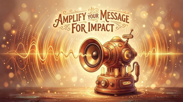 Steampunk amplifier device emitting sound waves and bokeh lights, symbolizing amplified message and impact