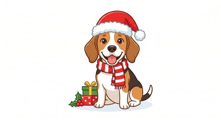 Fototapeta premium Cute Beagle Dog Wearing Santa Hat and Scarf with Christmas Gift Box Cartoon Vector Illustration