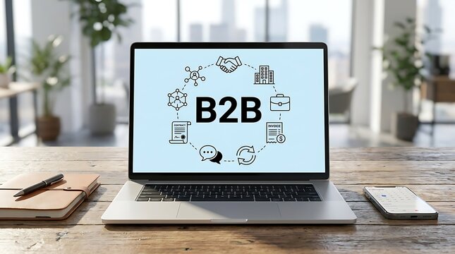 Laptop displaying B2 B concept with icons and central text on a wooden desk business to business computer