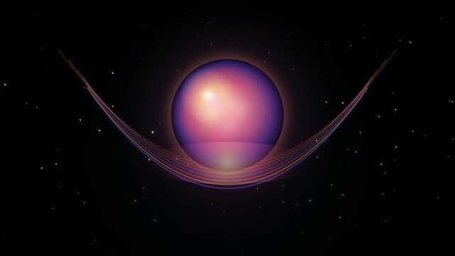 Abstract glowing sphere with curved light trails in space