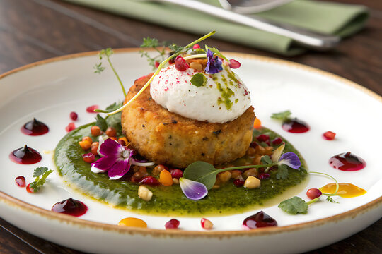 Chaat elevated to fine dining &mdash; artistic aloo tikki chaat with yogurt espuma, tamarind gel, coriander oil, pomegranate and edible flowers.