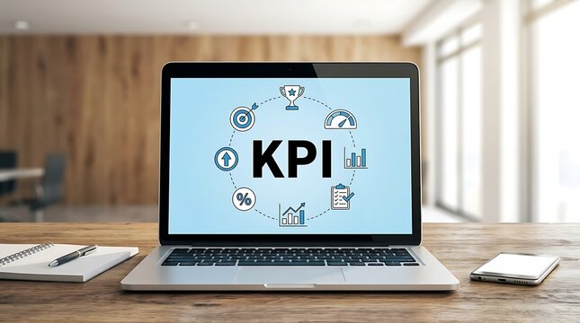 Laptop displaying KPI performance indicators and analytics on a wooden desk KPI, key performance indicator, laptop, computer, screen