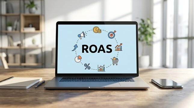 Laptop displaying ROAS marketing metrics and analytics on a wooden desk ROAS, return on ad spend, laptop, computer, screen