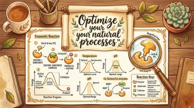 Scientific illustration of enzymatic reaction process and optimization with graphs, magnifying glass, and coffee on a wooden desk.