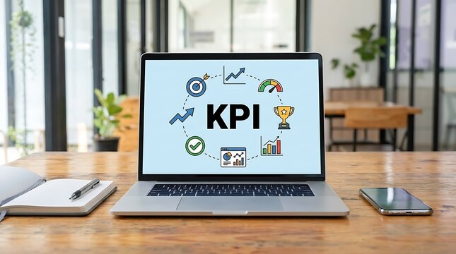 Laptop screen displays KPI text and performance indicator icons on a wooden desk with notebook and phone KPI, key performance