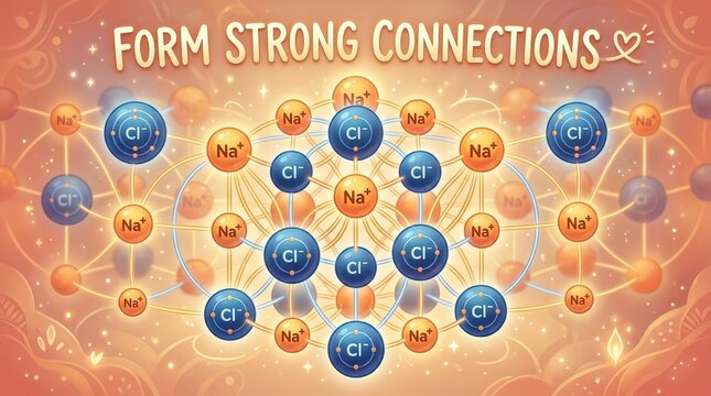 Scientific illustration of sodium chloride crystal lattice structure forming strong ionic bonds, symbolizing connections