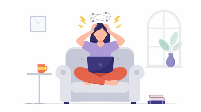 Stressed woman with laptop at home experiencing headache or burnout