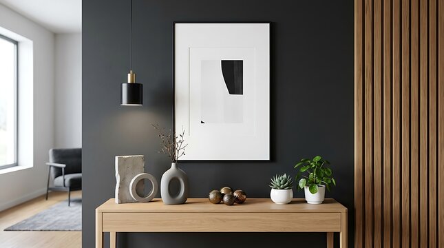 Modern entryway console table with artwork and decorative objects entryway, console table, modern, interior design, decor, artwork, vase