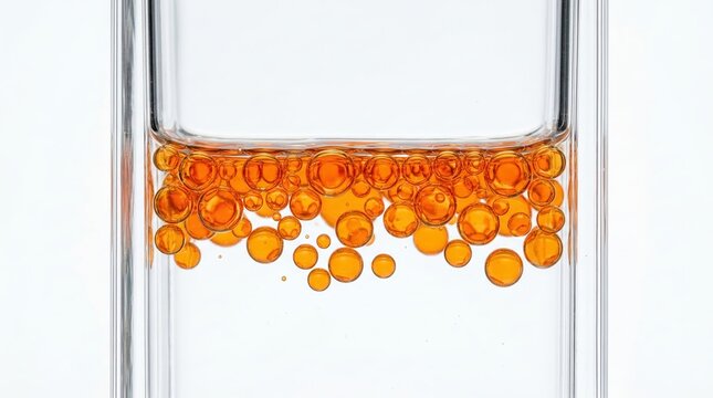 Orange bubbles clustered in clear rectangular container