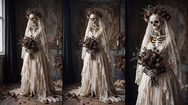 Elegant skeleton bride in tattered white wedding dress, floral crown made of dead roses, soft studio lighting