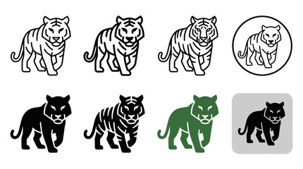 Obraz premium Walking tiger vector logo and icon collection in black white and color options with wildlife predator collection