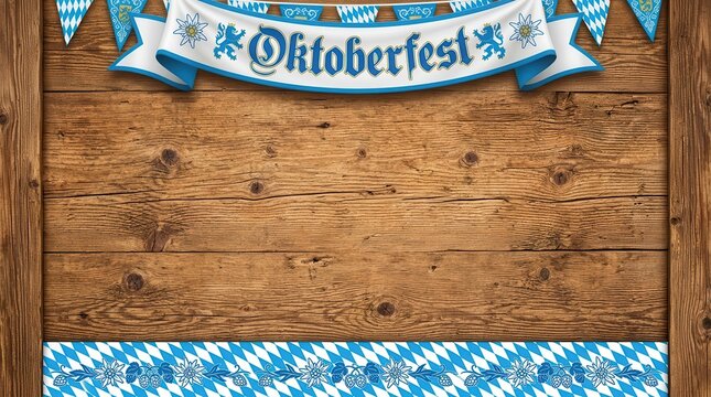 Oktoberfest Background with Wooden Texture, Blue White Banner and Bavarian Decorations for Beer Festival Celebration