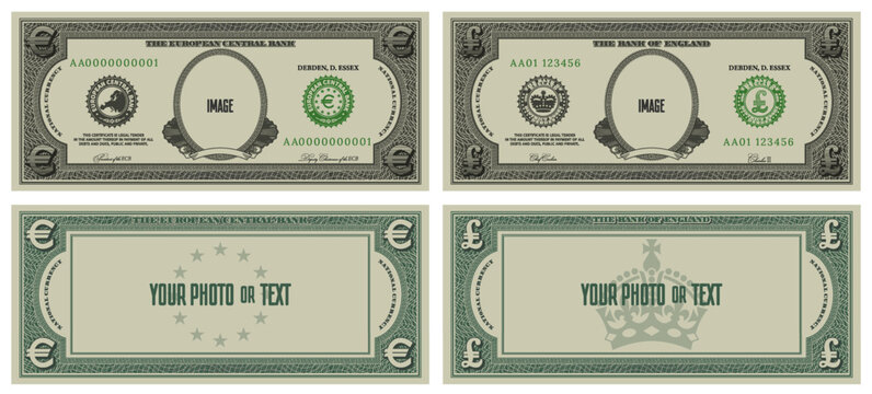 Vector set. Pound and euro. Sample obverse and reverse of fictional empty paper money in style of vintage US dollar. Inscriptions, your photo or text, image. Blank with guilloche frame and bank seals
