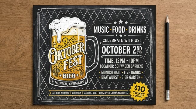 Oktoberfest Event Flyer Template on Chalkboard Background with Beer Mug Illustration and Pencil on Wood Table