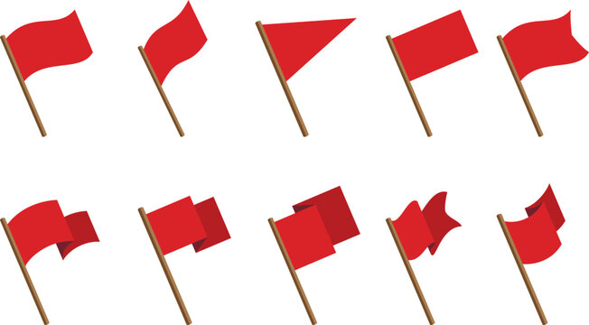 Set of red waving flags on wooden sticks isolated on a white background.