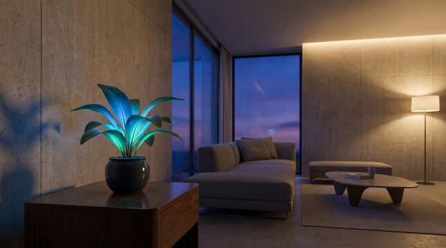 Modern living room interior at dusk, glowing smart plant on wooden side table, luxury penthouse apartment with city view
