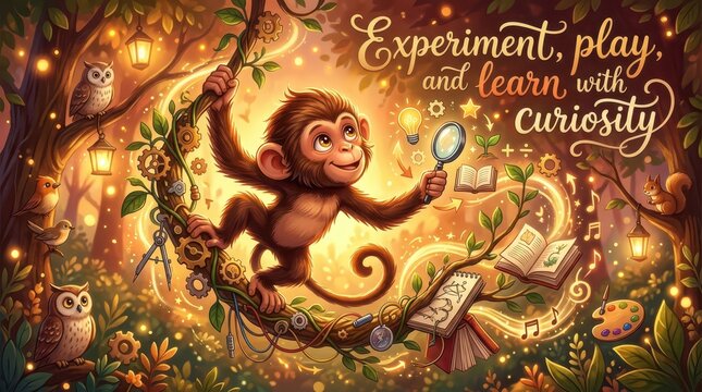 Playful monkey explores forest with magnifying glass, books, and gears, embodying curiosity and learning in a magical, glowing environment