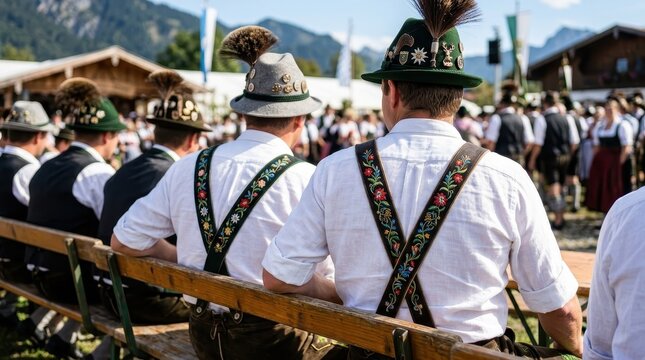 Men in Traditional Bavarian Lederhosen and Tyrolean Hats at an Alpine Festival in Germany or Austria
