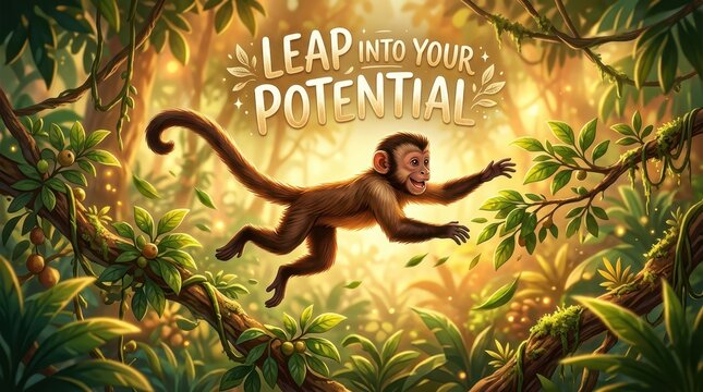 Playful monkey leaps through a vibrant, sun-drenched jungle canopy, embodying the message 'Leap Into Your Potential'.