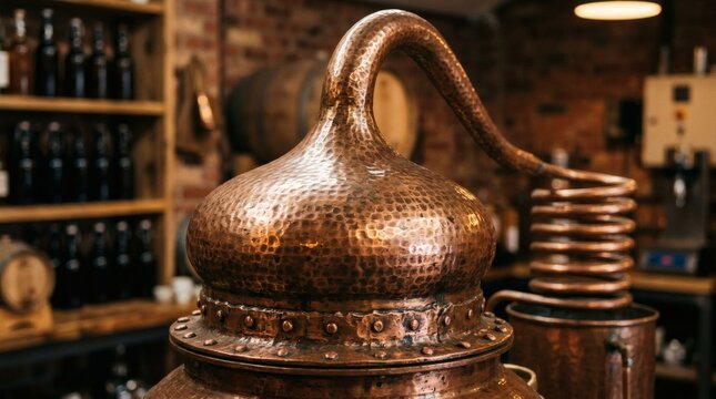 Copper alembic still with coiled condenser in a distillery setting