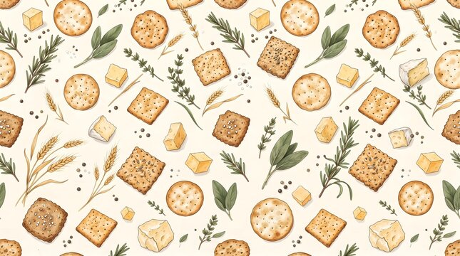 Seamless pattern of artisan crackers and cheese with fresh herbs on a light background