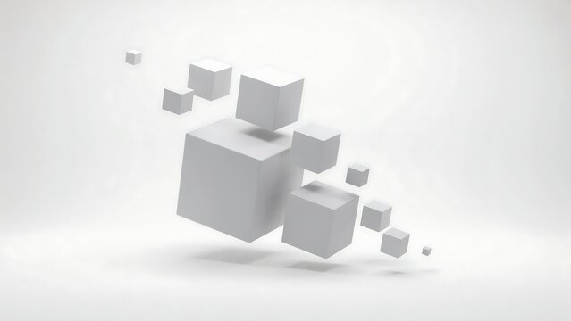 Minimalist white cubes floating in clean geometric arrangement featuring soft shadows and smooth matte textures for modern architectural design presentations