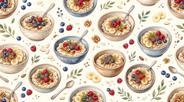 Seamless watercolor pattern of oatmeal breakfast bowls with berries and banana slices