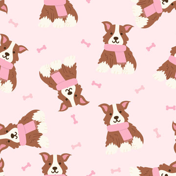Seamless pattern of brown border collie dogs in pink scarves with bones on light pink background. Cute winter pet backdrop perfect for nursery textiles, wrapping paper, and apparel.