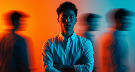 Asian Man Standing with Motion Blur Effect, Double Exposure Style Portrait with Orange and Blue Neon Lighting © KarpenArt Studio