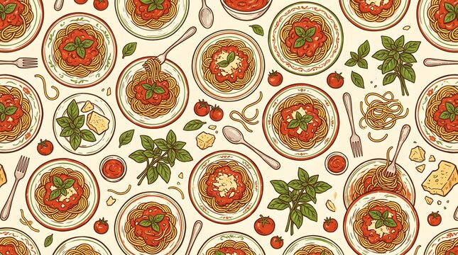 Seamless pattern with hand drawn spaghetti pasta plates and tomato sauce ingredients