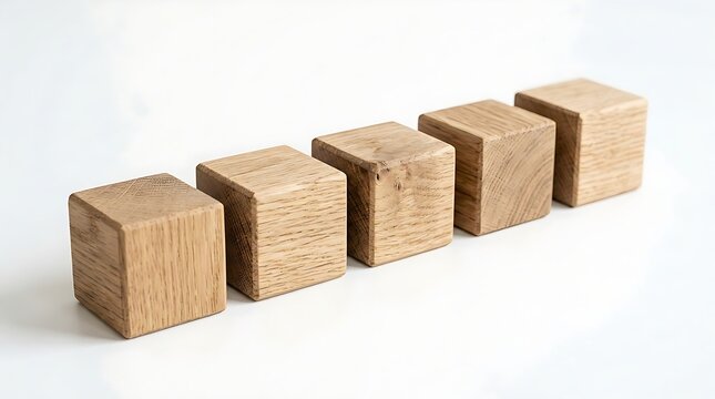 Five natural wood cubes lined up in a row on a clean white surface