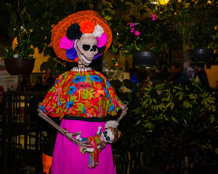 Mexican Day of the Dead Skeleton Decoration with Colorful Floral Dress