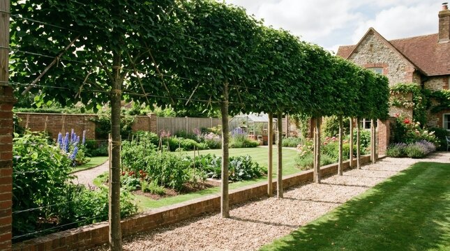 Manicured garden with a row of pleached trees along a brick wall, leading to a country house