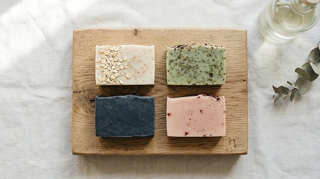 Four handcrafted artisanal soaps arranged on a rustic wooden board