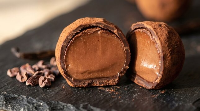 Decadent chocolate truffle dusted with cocoa powder, cut in half to reveal creamy filling
