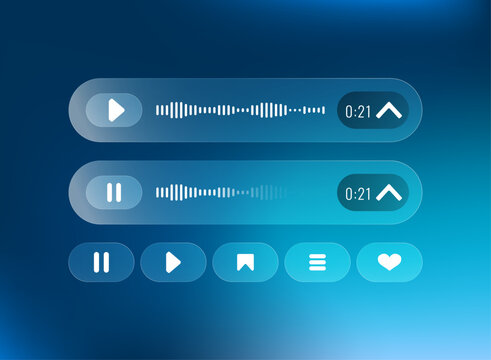 Glassmorphism audio player UI with translucent playback controls, waveform visualization, volume indicator, and modern blue gradient elements for music apps, websites, and digital interfaces.