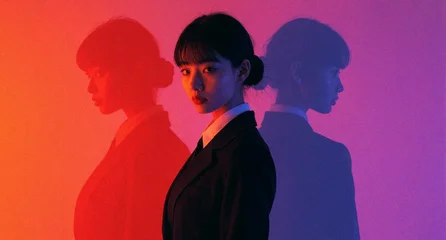 Japanese School Girl Portrait with Double Exposure Silhouette and Neon Pink and Orange Lighting © KarpenArt Studio