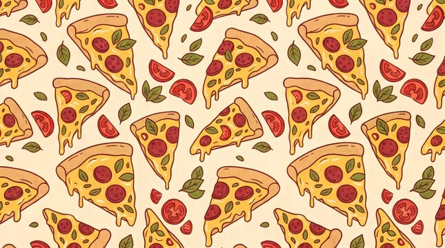 Seamless pattern with pepperoni pizza slices and basil leaves on a light background