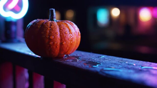 A radiant orange pumpkin rests on a wooden surface, glistening with fresh rain droplets. Vibrant neon lights twinkle in the background, creating a captivating nightlife atmosphere during the evening.