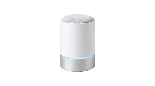 Modern smart speaker with blue LED light, sleek wireless voice assistant device, minimalist white and silver electronic home hub