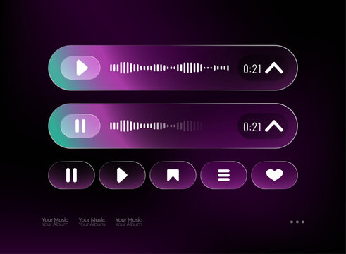 Holographic liquid glassmorphism audio player UI with translucent waveform controls, glowing playback buttons, and futuristic music interface elements on a vibrant purple gradient background.