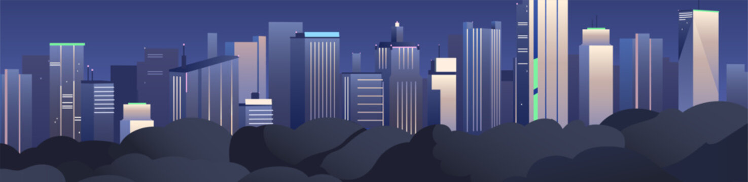 Night cityscape with park. City landscape with skyscrapers in evening. Banner with urban panorama- office buildings, high rise houses, business centers. Modern architecture. Flat vector illustration