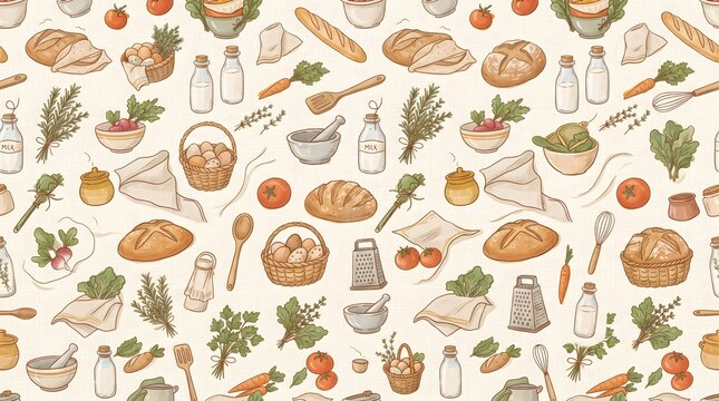 Seamless pattern with hand drawn kitchen items, fresh food, and rustic cooking utensils.
