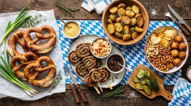 Traditional Bavarian Oktoberfest Food Spread with Pretzels, Sausages, and Roasted Potatoes on Wooden Table