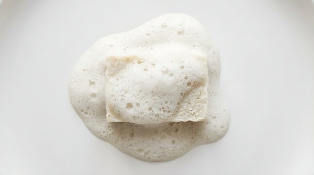 Gourmet ravioli dish with airy foam on a white plate overhead
